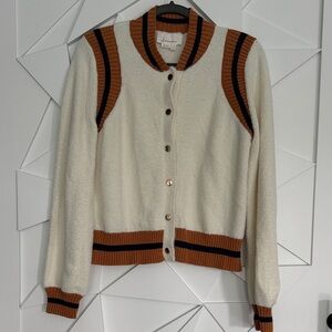 Anthropologie Cream Bomber Jacket with Tan & Black Trim